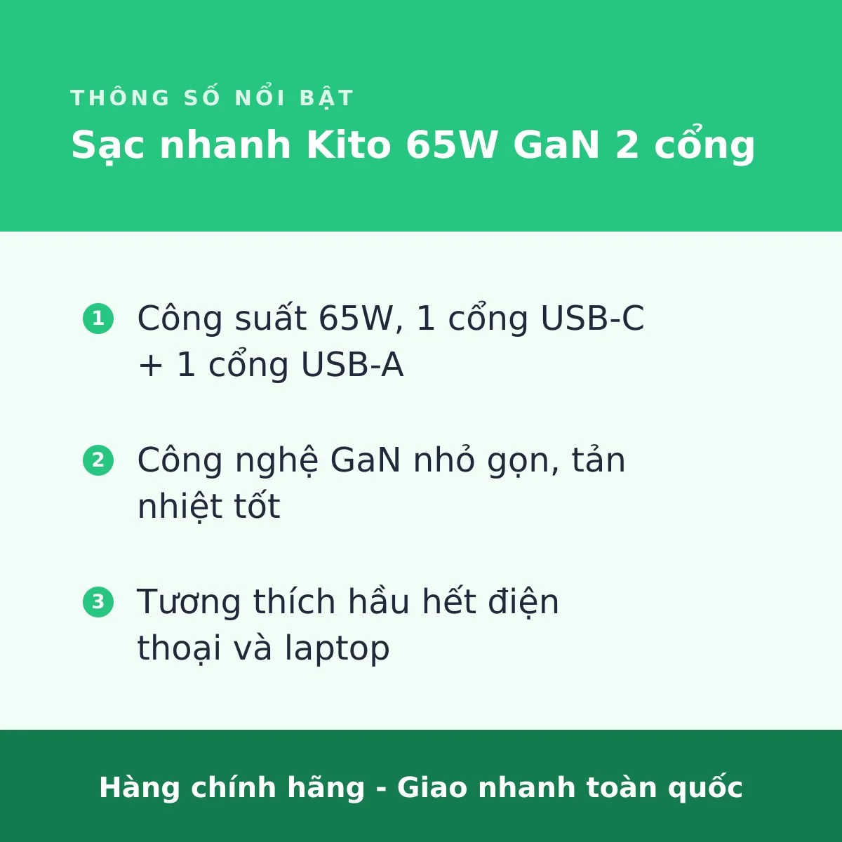 Sạc nhanh Kito 65W GaN 2 cổng - ảnh 3